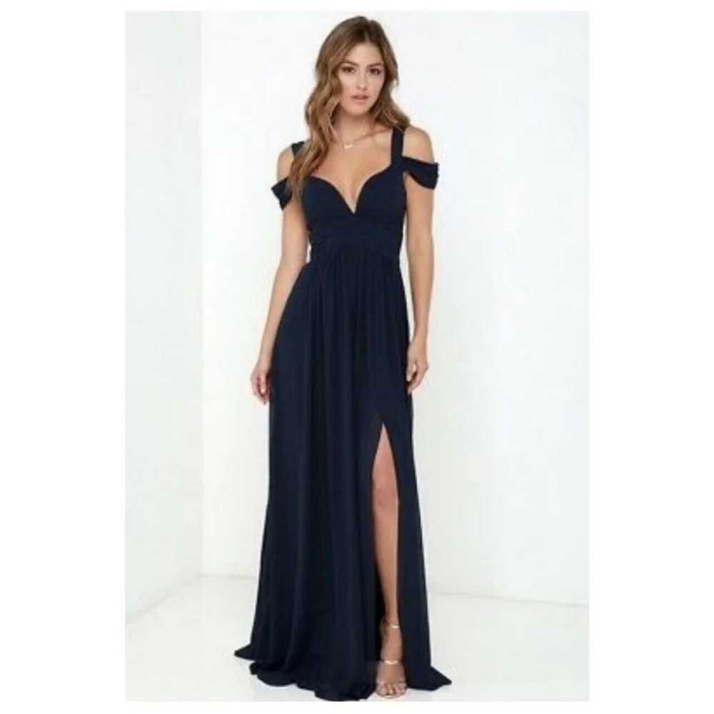Bariano Australia Navy Blue Cold Shoulder Evening Chiffon Gown Size S V-Neck